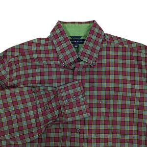 Tommy Hilfiger Shirt Mens M Green Red Plaid Gingham Checker Button Down Holliday